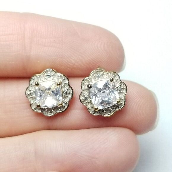 Sterling Silver and CZ Stud Earrings, Halo Design, Gold Wash, Signed DL - Picture 2 of 7
